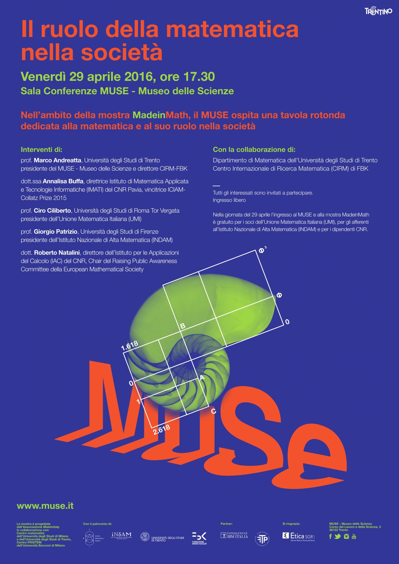 Il ruolo della matematica nella società, Venerdì 29 aprile 2016, ore 17.30 Sala Conferenze MUSE – Museo delle Scienze di Trento