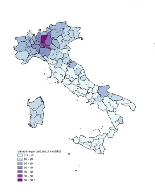 Variazione percentuale di mortalità in Italia nel 2020